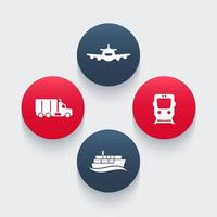 icônes de l'industrie du transport, vecteur de train de fret, transport aérien, cargo, icône de camion de fret, pictogrammes de transport, icônes rondes, illustration vectorielle