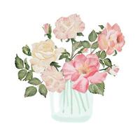 bouquet de rose sauvage rose dessiné à la main aquarelle en verre isolé sur fond blanc vecteur