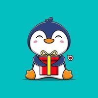 pingouin mignon heureux et étreignant illustration vectorielle de boîte-cadeau vecteur