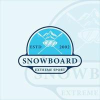 snowboard et montagne logo illustration vectorielle modèle icône conception graphique. paysage pour symbole de sport d'hiver ou signe avec badge vecteur