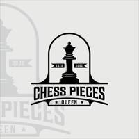 échecs et reine pièce logo illustration vectorielle vintage modèle icône conception graphique. signe ou symbole rétro pour tournoi d'échecs ou club avec badge et typographie vecteur