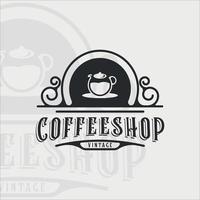 cafetière logo vintage avec contour vector illustration modèle icône graphisme. boutique de boissons ou de boissons signe et symbole pour les entreprises avec un style de typographie rétro