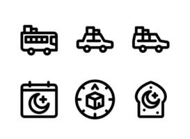 ensemble simple d'icônes de lignes vectorielles liées à la tradition du ramadan. contient des icônes comme rentrer à la maison avec le bus, la voiture, le calendrier et plus encore. vecteur