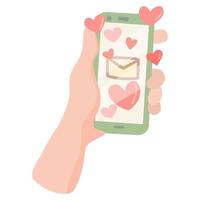 illustration vectorielle d'une main avec un smartphone. jolie image dessinée à la main sur les messages d'amour. clipart pour cartes postales, affiche de la Saint-Valentin. vecteur