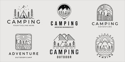 ensemble de camping logo dessin au trait simple illustration vectorielle minimaliste modèle icône conception graphique. collection groupée de divers camps dans la nature avec badge et style typographique vecteur