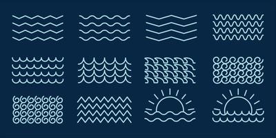 ensemble de vague icône logo dessin au trait simple minimaliste illustration vectorielle modèle conception graphique. collection groupée de divers packs de vagues océaniques avec sunburst vecteur
