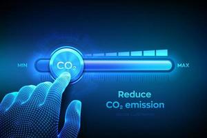 concept de contrôle des émissions de dioxyde de carbone. réduire le niveau de co2. la main filaire tire vers la position minimale de la barre de progression du dioxyde de carbone. concept de réduction ou d'élimination du co2. illustration vectorielle. vecteur