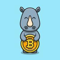 rhinocéros mignon tenant illustration d'icône de vecteur de dessin animé bitcoin