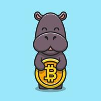 hippopotame mignon tenant illustration d'icône de vecteur de dessin animé bitcoin