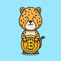 guépard mignon tenant illustration d'icône de vecteur de dessin animé bitcoin