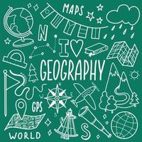 jeu d'icônes de symboles de géographie. conception des matières scolaires. croquis de contour de l'éducation dans le style doodle. étude, concept scientifique. retour à l'arrière-plan de l'école pour cahier, carnet de croquis. vecteur