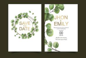 carte d'invitation de mariage, invitation florale merci, conception de carte moderne rsvp, eucalyptus de verdure de feuille d'eucalyptus vert. vecteur