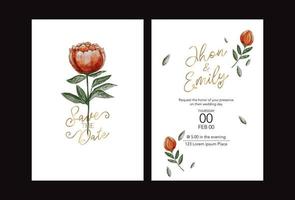 invitation de mariage, invitation, enregistrer la carte de date avec pivoine de conception de cadre de bouquet floral de vecteur