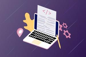 page de destination du concept de processus de codage de développement logiciel. concepteur, programmation, test de code multiplateforme, application. créer, éditer un site Web de script et des appareils mobiles. logiciel de technologie d'entreprise vecteur