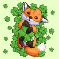 st patrick's day lucky fox dormant sur un grand ensemble de trèfles et tenant un gros trèfle à quatre feuilles vecteur