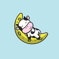 vache mignonne dormant sur l'illustration d'icône de vecteur de dessin animé de lune. concept d'icône de science animale isolé vecteur premium. style de dessin animé plat