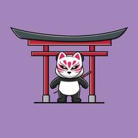 panda mignon portant un masque kitsune et katana sur torii gate.eps vecteur