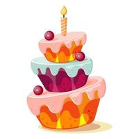 illustration, gâteau coloré à trois couches avec crème, cerise et bougie. conception pour les vacances, décor pour la fête d'anniversaire, mariage