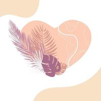 coeurs abstraits dans un style de doodle de couleur rose sur fond blanc avec des feuilles de palmier tropical et mrnstera. conception pour la saint-valentin ou autre décoration, illustration vectorielle, concept romantique et amour vecteur