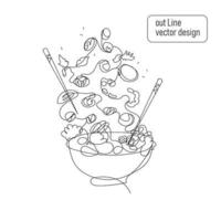 bol de poke avec salade de crevettes et légumes dessinés dans un style branché sur une seule ligne, isolé sur fond blanc. illustration vectorielle d'art en ligne d'aliments sains