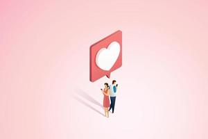 couple envoyant un message en forme de coeur via smartphone vecteur