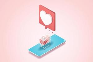 icône de message cardiaque et panier d'achat sur smartphone. vecteur