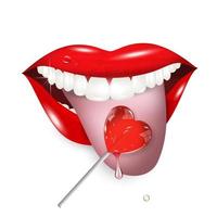 lèvres rouges sexy sur fond transparent, léchant une sucette en forme de coeur. effet 3d. illustration vectorielle. vecteur