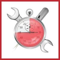 illustration du modèle de conception de logo de temps de réparation. chronomètre sur le fond d'une clé et d'un tournevis vecteur