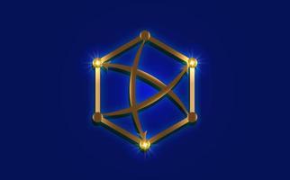 modèle de logo de chaîne de blocs. conception technologique. crypto-monnaie, icône de la chaîne de sphères reliées par des flèches dynamiques. illustration de vecteur d'or isolé sur fond bleu