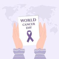 journée mondiale du cancer, carte avec un ruban violet, symbole du jour de la lutte contre le cancer, entre les mains des femmes. vecteur