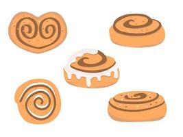 ensemble de brioches à la cannelle. petit pain sucré avec sucre, glaçage et chocolat, isolé sur fond blanc. illustration vectorielle vecteur