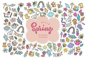 ensemble de doodles et d'autocollants de printemps dessinés à la main. vecteur