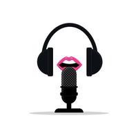 bouche parlante dans le microphone dans le concept de podcast casque vecteur