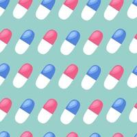 modèle sans couture de pilules de pharmacie. fond vert de soins de santé. capsules médicales colorées. illustration vectorielle plate vecteur