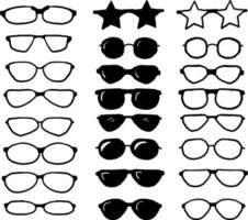 ensemble de lunettes dessinées à la main, lunettes de protection solaire d'été. accessoire de lunettes de mode. lunettes modernes à monture en plastique. vacances item.doodle style vecteur