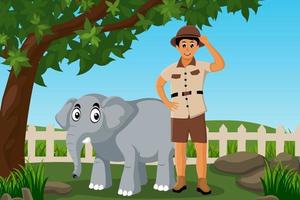 gardien de zoo avec éléphant mignon vecteur