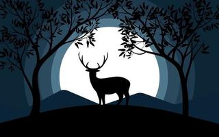fond de scène de nuit avec la silhouette d'un cerf et d'arbres vecteur