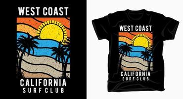 typographie du club de surf de la côte ouest de la californie avec palmiers et t-shirt de soleil vecteur