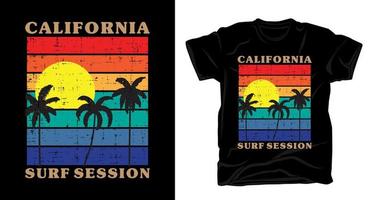 typographie de session de surf californienne avec t-shirt vintage coucher de soleil et palmier vecteur