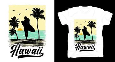illustration de silhouette de surf de plage avec conception de t-shirt de typographie hawaii vecteur