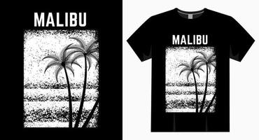 typographie malibu avec design de t-shirt à texture palmier et plage vecteur