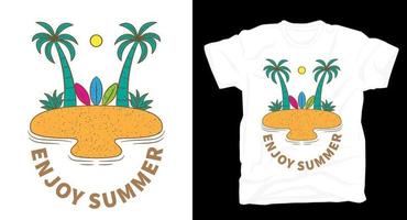 île avec palmiers et conception de t-shirt illustration de planche de surf vecteur