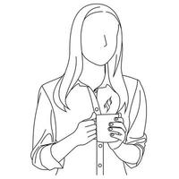 jeune femme souriante belle et intelligente appréciant l'arôme d'une tasse de café ou de thé frais. une femme sirotant son café du matin. femme heureuse tenant une tasse et buvant du café pendant le petit déjeuner, passez une bonne journée vecteur