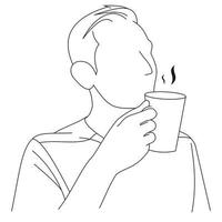 un beau jeune homme tenant une tasse appréciant l'arôme d'une tasse de café ou de thé frais. un homme sirotant et buvant son café du matin. homme heureux souriant avec une odeur de café délicieux pendant le petit déjeuner vecteur