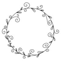 cadre floral vectoriel en illustration de style lineart noir. belle décoration ronde avec des feuilles pour les invitations, cartes de voeux, mariage