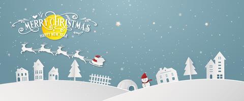 Joyeux Noël ville enneigée jour nuit et bonne année bleu Xmas festival fin année silhouette parti Santa Claus et cerf décoration carte de voeux fond d&#39;écran abstrait. Vecteur de design graphique