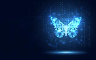 Papillon lowpoly bleu futuriste abstrait technologie. Transformation numérique de l&#39;intelligence artificielle et concept Big Data. Concept d&#39;affaires évolution réseau internet quantique de communication vecteur
