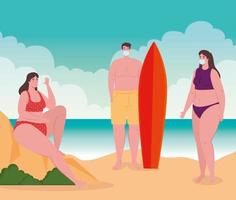 distanciation sociale sur la plage, les personnes portant un masque médical gardent la distance, nouveau concept de plage d'été normal après le coronavirus ou le covid 19 vecteur