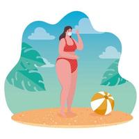 distanciation sociale sur la plage, femme portant un masque médical, garder la distance, nouveau concept de plage d'été normal après coronavirus ou covid 19 vecteur