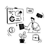 une illustration dessinée à la main d'un consultant comptable, d'une personne avec un document comptable vecteur